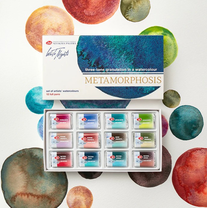 חדש! סט 12 צבעי מים granulation, קוביות סדרה White Nights METAMORPHOSIS קופסת קרטון
