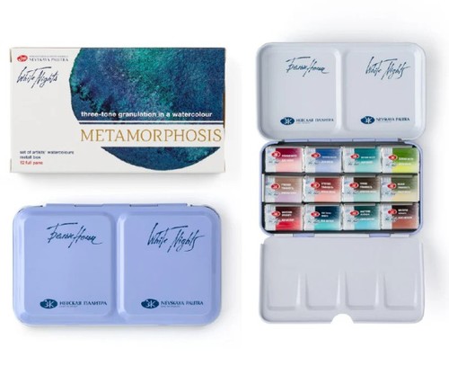 חדש! סט 12 צבעי מים granulation, קוביות סדרה White Nights METAMORPHOSIS קופסת מתכת
