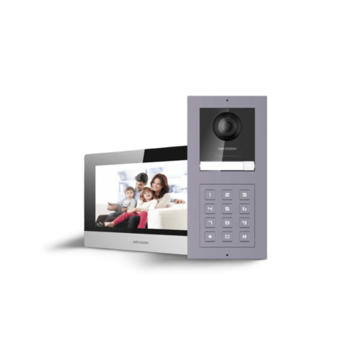 ערכת אינטרקום Hikvision DS-KIS8003-ACW2 עם קודן, מצלמה ולחצן, מסך פנימי 6320, מותקן מעל הטיח לשני דיירים – פתרון אבטחה מודרני לבית או לעסק
