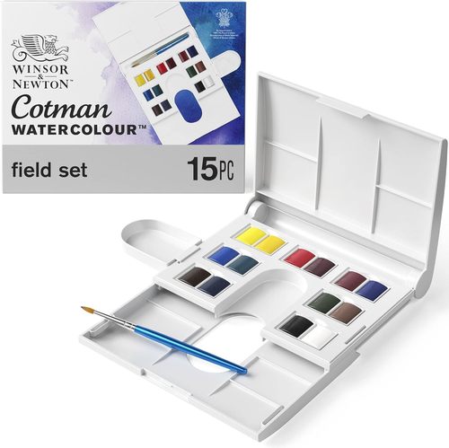 סט 14 צבעי מים בחצאי קוביות  COTMAN WATERCOLOUR (קופסת פלסטיק) דגם FIELD SET
