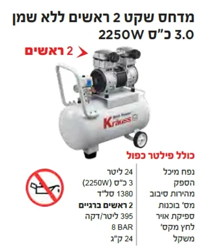 קומפרסור מושתק חשמלי 2 ראשים 3 כ
