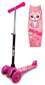 קורקינט 3 גלגלים לילדים דגם Raptor M3 עם גלגלי PU מאירים - חתול ורוד