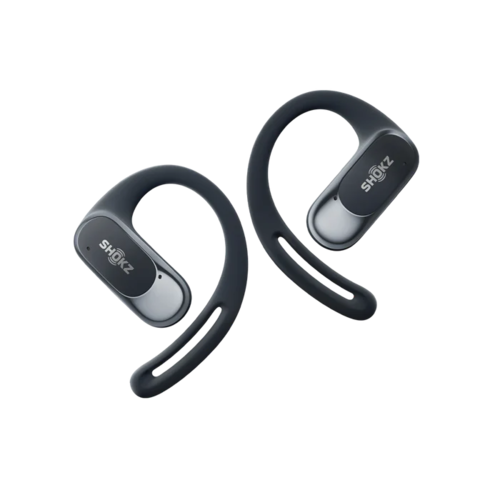 אוזניית Shokz OpenFit Air שחורה בעיצוב פתוח עם וו לאוזן