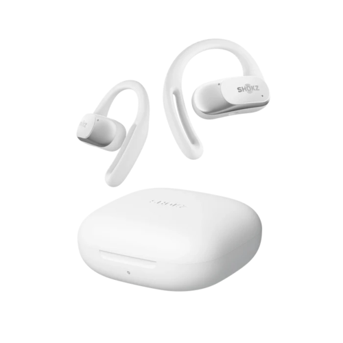 Shokz OpenFit Air אוזניות אלחוטיות פתוחות בצבע לבן עם מארז טעינה