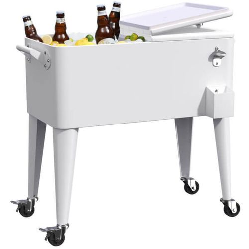 צידנית ניידת Retro Cooler 76 ליטר בצבע לבן - עיצוב רטרו קלאסי עם גלגלים ופותחן בקבוקים מובנה לאירוח מושלם