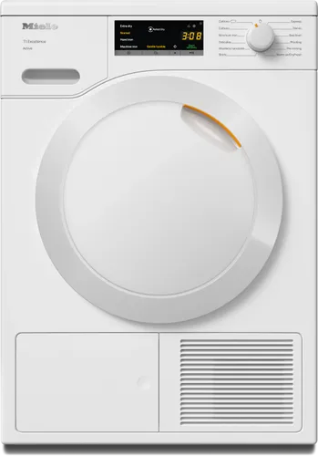 מייבש כביסה Miele TEA225WP בגימור לבן לוטוס יוקרתי עם דלת לבנה.