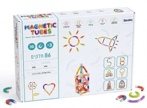 Magnetic Tubes משחק מגנטים צינורות גמישים וכדורים לבנייה ודמיון 86 חלקים