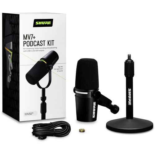 מיקרופון כולל סטנד שולחני לפודקאסט Shure MV7+-K XLR/USB