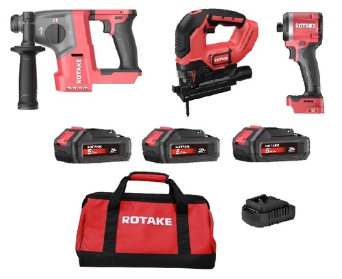 סט פטישון+אימפקט+ג'יגסו+3 סוללות+מטען+תיק ROTAKE BRUSHLESS