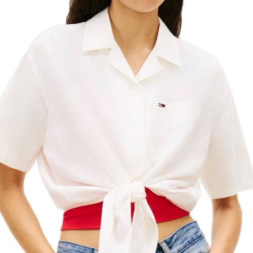 חולצה מכופתרת TOMMY JEANS פשתן מידות XS-L לנשים בגוון לבן