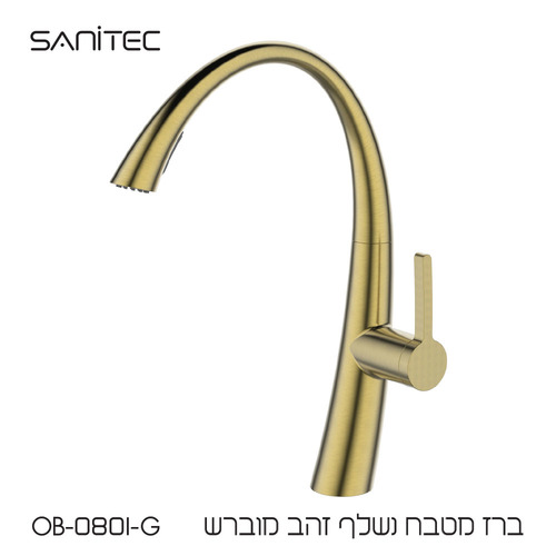 ברז מטבח בעיצוב מודרני זורם עם פיה נשלפת זהב מוברש OB-0801-G