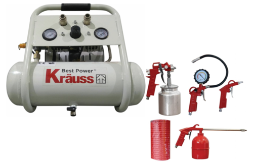מדחס / קומפרסור שקט ללא שמן 6 ליטר + אביזרים KRAUSS