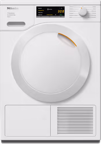 מייבש כביסה Miele T1 TEA525WP בעיצוב יוקרתי עם דלת לבנה.