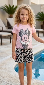 חליפת בנות קיצית Disney מקורית - טי-שירט ורודה ומכנס מנומר