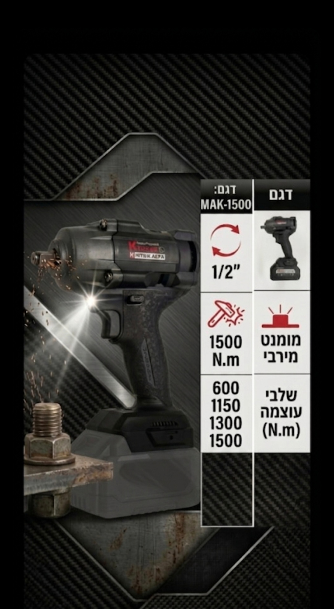 גוף מפתח רטיטה 1/2 אימפקט KRAUSS MAK-1490N.m תואם סוללות מקיטה