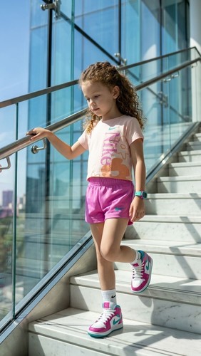 חליפת קיץ קצרה לילדות מבית NIKE בגווני ורוד ואפרסק