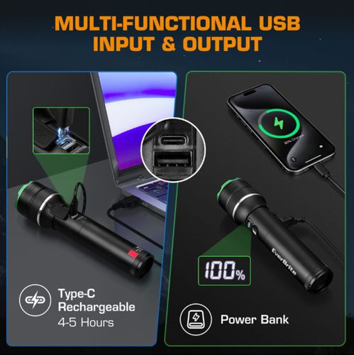 פנס יד נטען 1000 LM כולל פוקוס וחיווי EVERBRITE E011193 