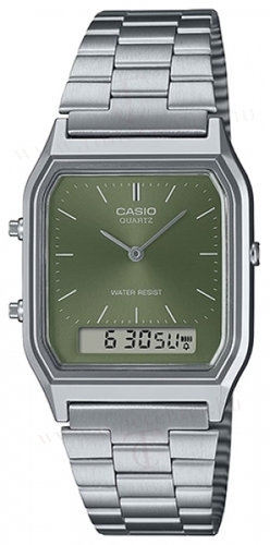 שעון Casio משולב אנלוגי-דיגיטלי – נירוסטה כסופה עם לוח ירוק