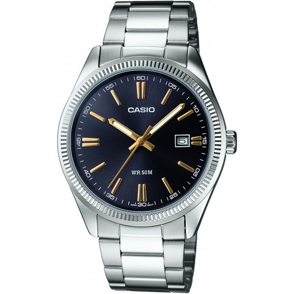 שעון Casio קלאסי לגבר – נירוסטה כסופה עם לוח שחור ונגיעות זהב