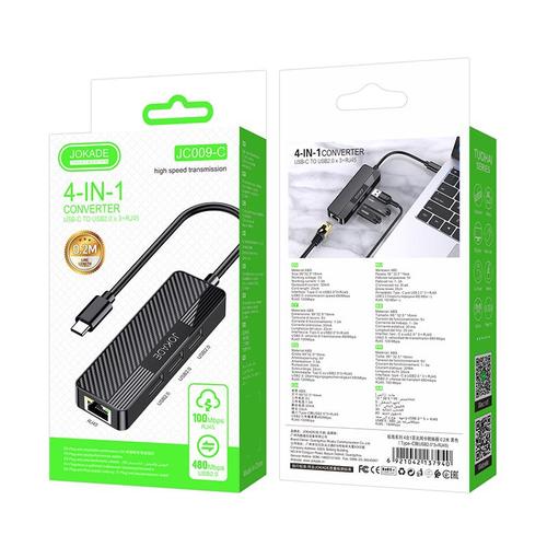 מפצל טייפ סי ל3 יציאות USB2 + יציאת רשת JC009-C