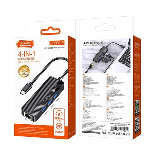 מפצל טייפ סי ל3 יציאות USB3 + יציאת רשת גיגה JC009-F