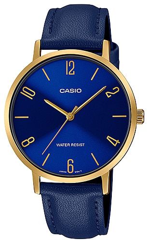 שעון Casio קלאסי – רצועת עור כחולה עם לוח כחול ומסגרת זהב