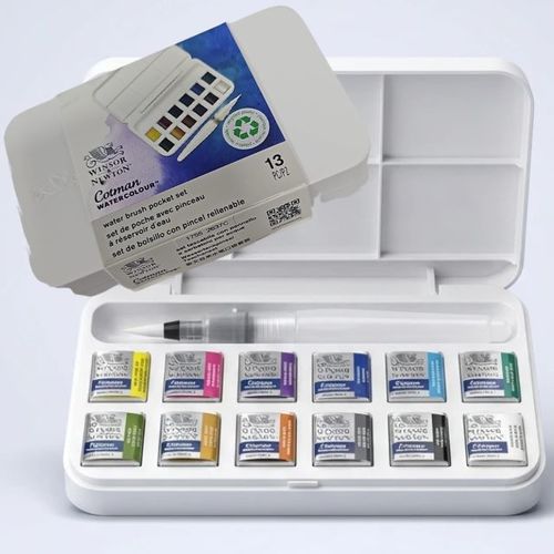 סט 12 טבליות צבעי מים ומכחול Winsor & Newton Cotman