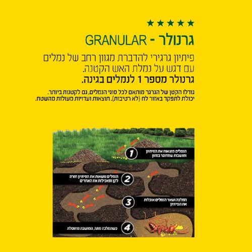 פיתיון גרנולר 500 גרם לחיסול נמלת האש עם פיפרוניל 0.05% - פתרון מקצועי ויעיל להשמדה יסודית של קני נמלים