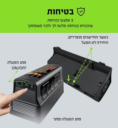 מלכודת אלקטרונית לחולדות ועכברים בעוצמת 7000 וולט עם הפעלה כפולה באמצעות חשמל או סוללות, מידות 27.5×10×14 ס