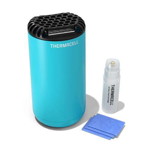 מכשיר הרחקת יתושים THERMACELL Patio Shield בצבע טורקיז, קומפקטי ונייד לשימוש חיצוני, מספק הגנה יעילה בשטח של 20 מ
