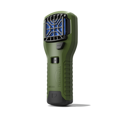 מכשיר דחיית יתושים נייד THERMACELL MR300 בצבע ירוק עם מיכל גז ו-3 טבליות דחייה, מספק הגנה יעילה בשטח 20 מ