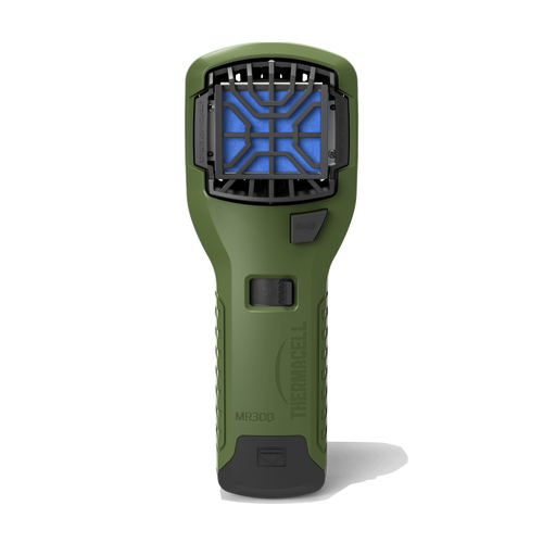 מכשיר דחיית יתושים נייד THERMACELL MR300 בצבע ירוק עם מיכל גז ו-3 טבליות דחייה, מספק הגנה יעילה בשטח 20 מ