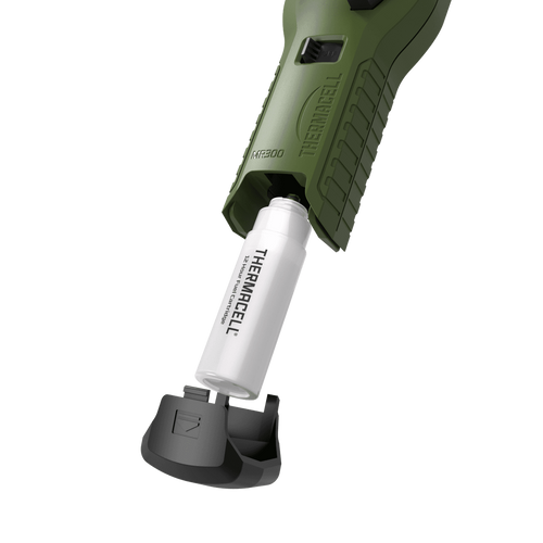 מכשיר דחיית יתושים נייד THERMACELL MR300 בצבע ירוק עם מיכל גז ו-3 טבליות דחייה, מספק הגנה יעילה בשטח 20 מ