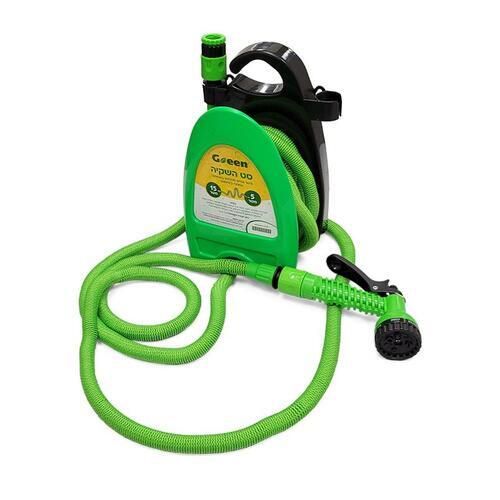 צינור השקיה מתכווץ ונמתח 15 מטר בצבע ירוק Green עם טכנולוגיית התכווצות אוטומטית בלחץ מים, מושלם לגינות ביתיות וחיסכון במקום אחסון