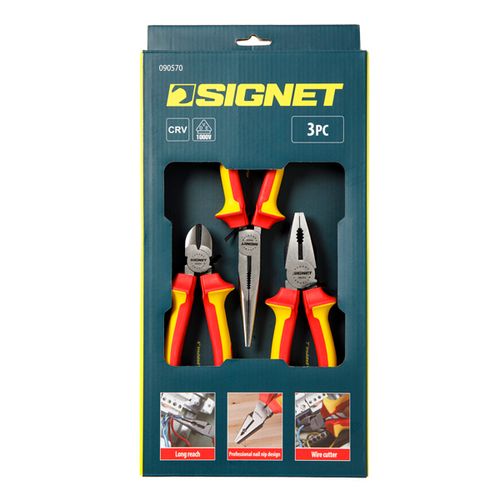 סט פליירים מבודדים 3 יחידות לחשמלאים SIGNET דגם 90570 עם בידוד 1000V כולל פלייר רגיל שפיץ וחותך צד לעבודה בטוחה מקצועית
