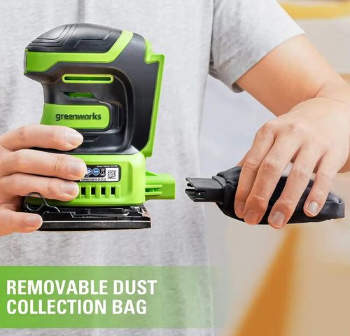 מלטשת רוטטת מרובעת נטענת GREENWORKS דגם 99683 24V עם שקית איסוף פסולת, 11,000 רטיטות בדקה, משקל 2.3 ק