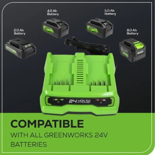 מטען מהיר כפול GREENWORKS 99594-1 A4 עם שני תאי טעינה 24V בזרם 4A, מאפשר טעינה בו-זמנית של שתי סוללות עם חיווי LED מתקדם והגנות בטיחות מובנות