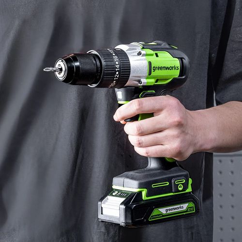 מברגה/מקדחה נטענת GREENWORKS GD24DD60 24V Brushless עם מומנט 60Nm, שתי מהירויות עבודה, תאורת LED מובנית וכושר קידוח מקצועי עד 38 מ