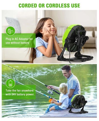 מאוורר קמפינג נטען GREENWORKS דגם 99634-2 עם סוללת 4 אמפר ומטען מיקרו, מציג 5 מצבי מהירות וסיבוב 360 מעלות לקירור יעיל בקמפינג ובבית