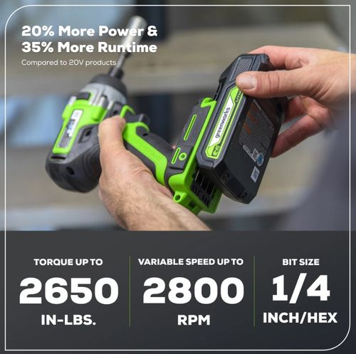 מברגת אימפקט נטענת בראשלס GREENWORKS 24V דגם 99574.5 עם מומנט 300Nm, שלושה מצבי מומנט מתכווננים, תאורת LED 2000 לומנס ותפסנית שחרור מהיר - כלי מקצועי לעבודות הברגה תובעניות
