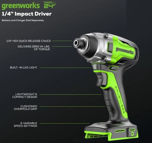 מברגת אימפקט נטענת בראשלס GREENWORKS 24V דגם 99574.5 עם מומנט 300Nm, שלושה מצבי מומנט מתכווננים, תאורת LED 2000 לומנס ותפסנית שחרור מהיר - כלי מקצועי לעבודות הברגה תובעניות