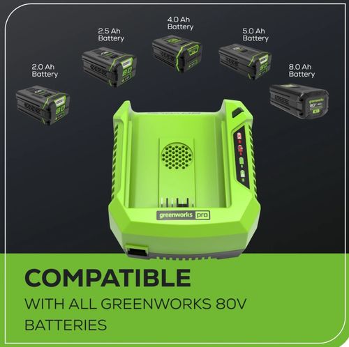 מטען מהיר נטען GREENWORKS 99557 80V לסדרת PRO עם מאוורר מובנה וחיווי LED, מציע טעינה מהירה של 30-60 דקות לסוללות 2-4 אמפר