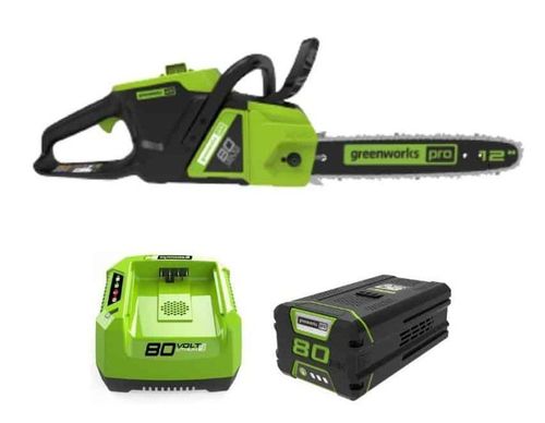 מסור שרשרת נטען GREENWORKS PRO דגם 99516-2 עם להב 12 אינץ', מנוע 80V עוצמתי, משקל קל 3.3 ק
