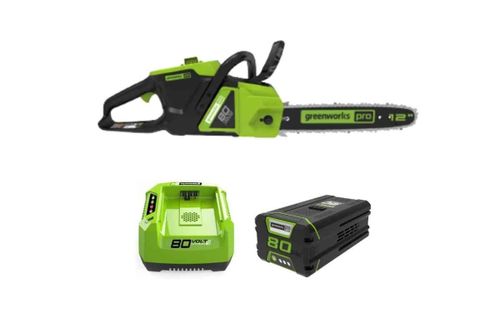 מסור שרשרת נטען GREENWORKS PRO דגם 99516-2 עם להב 12 אינץ', מנוע 80V עוצמתי, משקל קל 3.3 ק