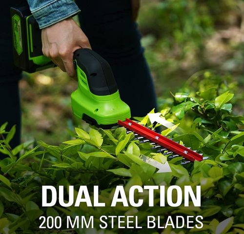 מגזמת שיחים וקוצץ שוליים נטענת 2 ב-1 GREENWORKS דגם G24SHT 24V עם להבים כפולים להחלפה ללא כלים, משקל קל 0.9 ק