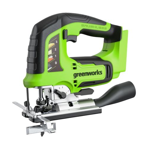 מסור אנכי נטען GREENWORKS דגם 99776-3 24V עם מנוע Brushless, פנדל 3 מצבים, בסיס מתכוונן עד 45 מעלות ותאורת LED מובנית. כולל סוללת 4 אמפר ומטען מהיר לעבודה מקצועית