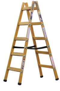 סולם עץ 5 שלבים דו צדדי תעשייתי עד 150 קילוגרם - GHANEM עץ אמריקאי מחוזק פלדה