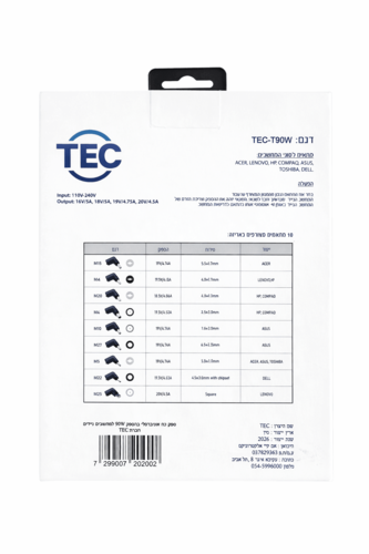 מטען אוניברסלי למחשב נייד TEC-T90W 90W