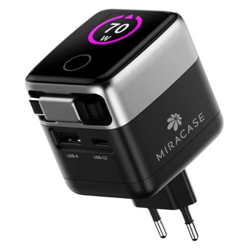 מטען קיר Miracase MWC70RC 70W בטכנולוגיית GaN עם מסך תצוגה ויציאות USB-C ו-USB-A