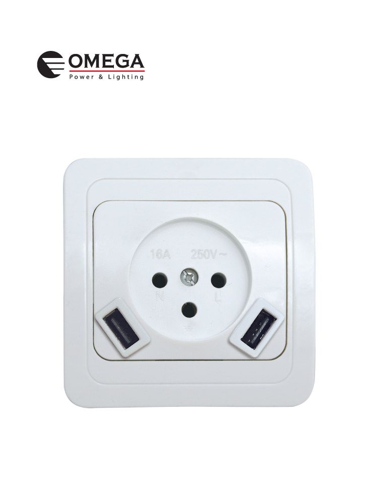 בית תקע ברק שקע כח +מטען USB כפול לקופסא 55 שקע חשמל תה"ט אומגה OMEGA OM-SOCKET-USB-WH